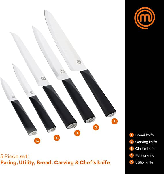 MasterChef Knife Set with Knife Block Stainless Steel Black, Set of 5