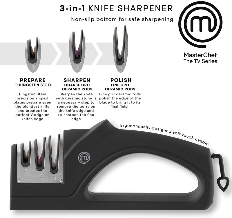 MasterChef Manual 3-in-1 Knife Sharpener, Coarse, Medium & Fine Sharpening, Ergonomic Handle