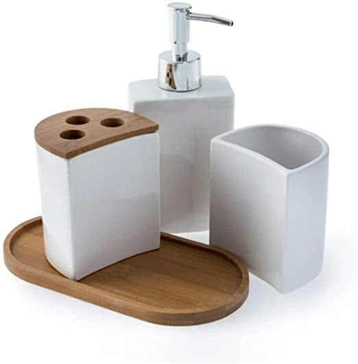 4 PIECE CERAMIC BATH ACCESSORY SET WITH BAMBOO ACCENTS