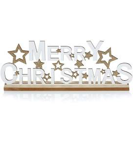 'Merry Christmas' Wooden Table Top Decoration Gold Stars 34cm Long Plaque Sign