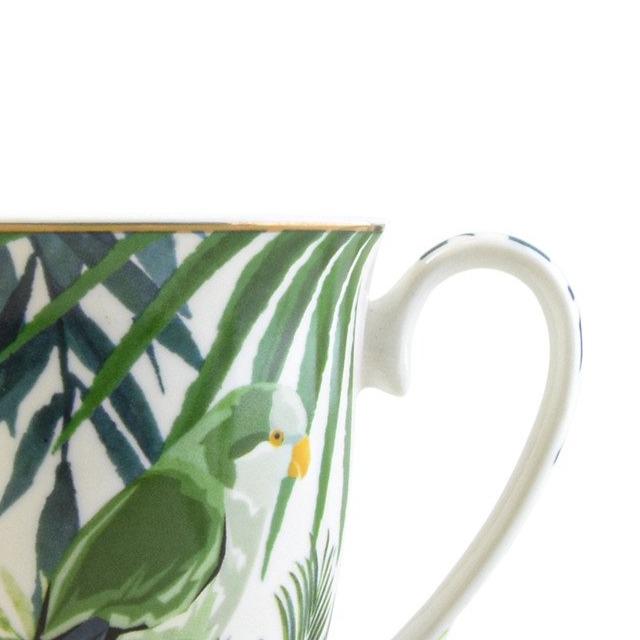 Tall Fancy Footed Mug in Emerald Eden Design with Leaves and Birds