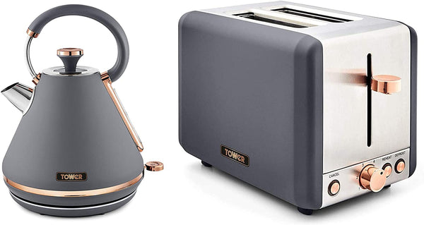 Tower Cavaletto Grey & Rose Gold Kettle and 2 Slice Toaster Set