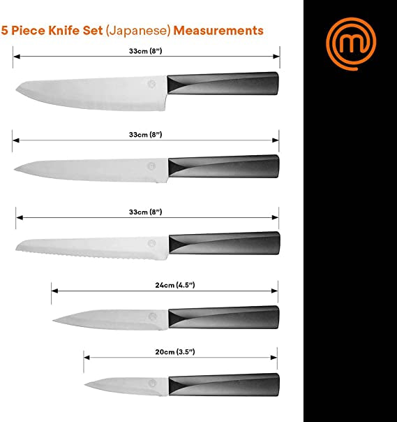 MasterChef Kitchen Knives Set of 5 Including Paring, Utility, Bread,  Carving & Chef Knife, Sharp Stainless Steel, Non Stick Blades & Wood-Look  Soft Touch Handles, 5 Piece Black by Unbranded - Shop