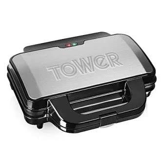 Tower T27013 Deep Fill Sanwich Maker with Extra Deep and Easy to Clean Non-Stick Ceramic Plates, Automatic Temperature Control, 900W, Silver and Black
